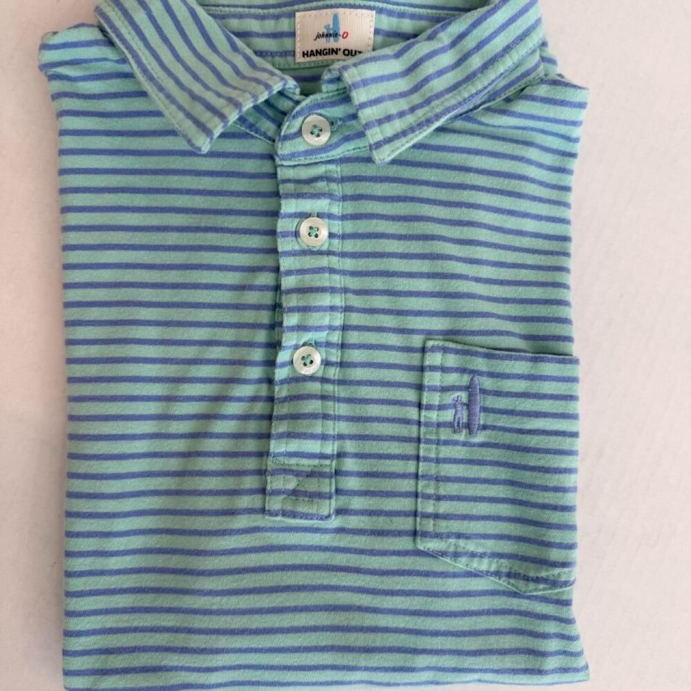 Boys size 10 Johnnie-O "Hanging Out" 100% cotton blue & light green striped polo